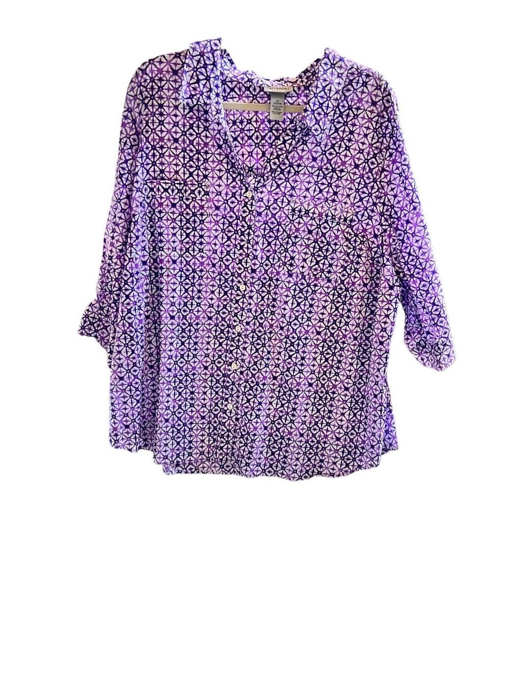 Catherines.  Purple and white geometrical pattern button down  three-quarter